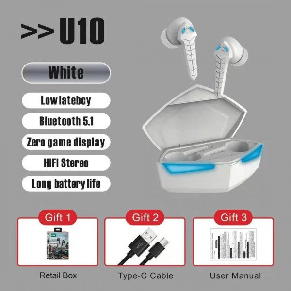 Wholesale Sports Gaming TWS Bluetooth Wireless Headset Earbuds Earphone U10 (White)